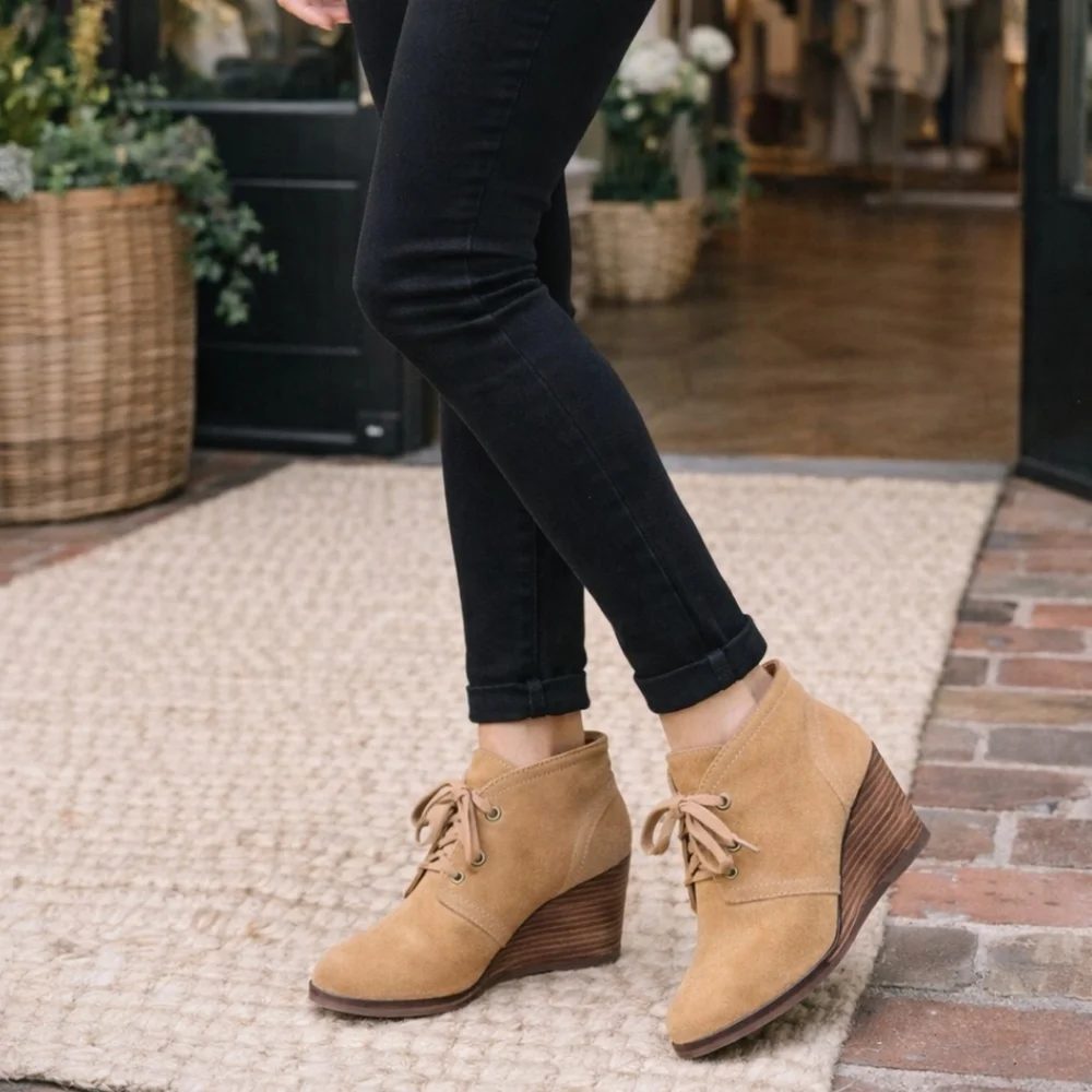 Lucky Brand Sway Y2K Boho Minimalist Suede Lace-up Comfort Wedge Bootie 7M